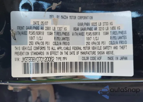 2007 Mazda Cx-9 Touring from USA, damaged, VIN JM3TB38Y070120062